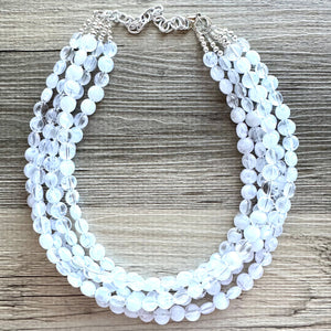 White Creamy Necklace, resin 5 Strand Statement Jewelry, clear Chunky bib, bridesmaid necklace, beaded cloud wedding bridal bridesmaid