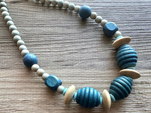 Load image into Gallery viewer, Vintage blue neutral long Necklace, beaded wood glass jewelry, colorful necklace jewelry turquoise brown gold wood layering navy