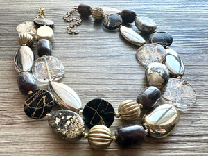 Black & Metallic Necklace, multi strand neutral jewelry, chunky statement necklace, rustic silver gold beaded layering