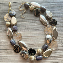 Load image into Gallery viewer, Black &amp; Metallic Necklace, multi strand neutral jewelry, chunky statement necklace, rustic silver gold beaded layering