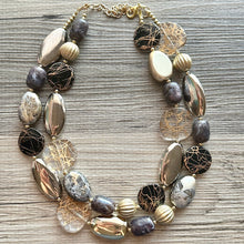 Load image into Gallery viewer, Black &amp; Metallic Necklace, multi strand neutral jewelry, chunky statement necklace, rustic silver gold beaded layering
