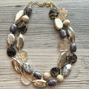 Black & Metallic Necklace, multi strand neutral jewelry, chunky statement necklace, rustic silver gold beaded layering