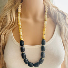 Load image into Gallery viewer, Gold + Black Beaded long necklace, neutral beaded statement necklace, everyday gem stone chunky layering necklace shiny ball beads