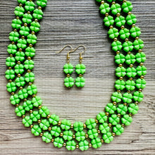 Load image into Gallery viewer, Saint Patricks Green Chunky Statement Necklace &amp; Stretch Bracelet set 3 Strand Beaded Kelly green jewelry bridesmaid earrings gold st pattys