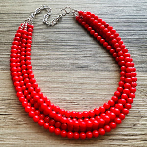 Strawberry Red 5 Strand statement necklace, cherry red big beaded chunky jewelry, fall statement ball beaded bubble earrings Christmas