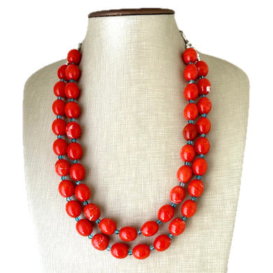 Bright Red-Orange Chain necklace, stunning sparkle shimmer statement bib necklace, 2 strand necklace electric geometric blue