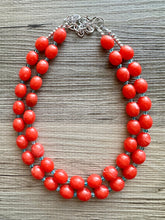 Load image into Gallery viewer, Bright Red-Orange Chain necklace, stunning sparkle shimmer statement bib necklace, 2 strand necklace electric geometric blue