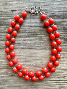 Bright Red-Orange Chain necklace, stunning sparkle shimmer statement bib necklace, 2 strand necklace electric geometric blue