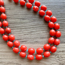 Load image into Gallery viewer, Bright Red-Orange Chain necklace, stunning sparkle shimmer statement bib necklace, 2 strand necklace electric geometric blue