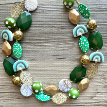 Load image into Gallery viewer, St. Patrick’s Day Gold &amp; Green Statement Necklace, 2 strand forest, dark green Jewelry, glass beaded jewelry, multi strand green necklace