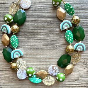 St. Patrick’s Day Gold & Green Statement Necklace, 2 strand forest, dark green Jewelry, glass beaded jewelry, multi strand green necklace