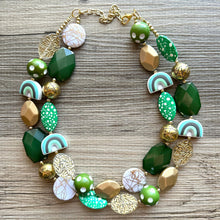 Load image into Gallery viewer, St. Patrick’s Day Gold &amp; Green Statement Necklace, 2 strand forest, dark green Jewelry, glass beaded jewelry, multi strand green necklace