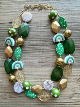Load image into Gallery viewer, St. Patrick’s Day Gold &amp; Green Statement Necklace, 2 strand forest, dark green Jewelry, glass beaded jewelry, multi strand green necklace