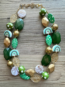 St. Patrick’s Day Gold & Green Statement Necklace, 2 strand forest, dark green Jewelry, glass beaded jewelry, multi strand green necklace