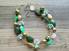 Load image into Gallery viewer, St. Patrick’s Day Gold &amp; Green Statement Necklace, 2 strand forest, dark green Jewelry, glass beaded jewelry, multi strand green necklace