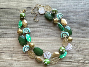 St. Patrick’s Day Gold & Green Statement Necklace, 2 strand forest, dark green Jewelry, glass beaded jewelry, multi strand green necklace
