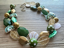 Load image into Gallery viewer, St. Patrick’s Day Gold &amp; Green Statement Necklace, 2 strand forest, dark green Jewelry, glass beaded jewelry, multi strand green necklace