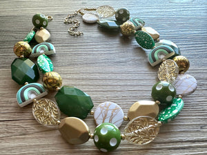 St. Patrick’s Day Gold & Green Statement Necklace, 2 strand forest, dark green Jewelry, glass beaded jewelry, multi strand green necklace