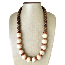 Load image into Gallery viewer, Vintage Wood Beaded long necklace, tan shiny beaded statement necklace, everyday resin layering single strand brown red champagne