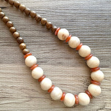 Load image into Gallery viewer, Vintage Wood Beaded long necklace, tan shiny beaded statement necklace, everyday resin layering single strand brown red champagne