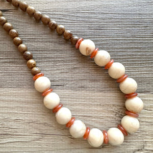 Vintage Wood Beaded long necklace, tan shiny beaded statement necklace, everyday resin layering single strand brown red champagne