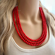 Load image into Gallery viewer, Strawberry Red 3 Strand statement necklace, cherry red big beaded chunky jewelry, fall statement ball beaded bubble earrings Christmas