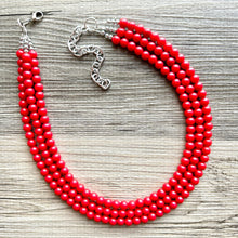 Load image into Gallery viewer, Strawberry Red 3 Strand statement necklace, cherry red big beaded chunky jewelry, fall statement ball beaded bubble earrings Christmas