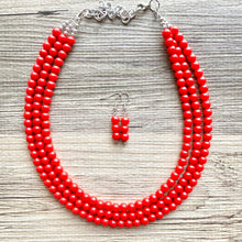 Load image into Gallery viewer, Strawberry Red 3 Strand statement necklace, cherry red big beaded chunky jewelry, fall statement ball beaded bubble earrings Christmas