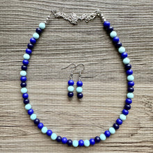 Load image into Gallery viewer, Ocean Floor Blue Necklace, single strand jewelry, ombre beaded chunky statement necklace, teal navy light blue necklace, bridesmaid wedding