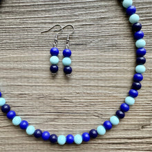 Load image into Gallery viewer, Ocean Floor Blue Necklace, single strand jewelry, ombre beaded chunky statement necklace, teal navy light blue necklace, bridesmaid wedding