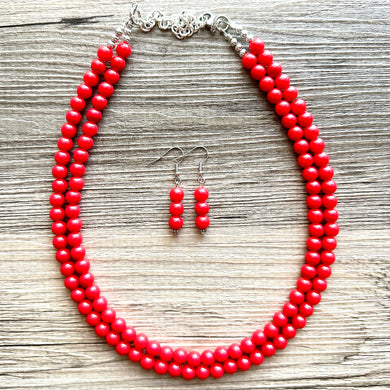 Strawberry Red Beaded statement necklace, thin bead red jewelry, red earrings jewelry set cherry bridesmaid wedding jewelry gifts for her