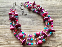 Load image into Gallery viewer, Mardi Gras Statement Necklace, chunky bib beaded jewelry dark pink wood necklace, beaded acrylic vintage turquoise blue glitter coral purple