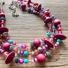 Load image into Gallery viewer, Mardi Gras Statement Necklace, chunky bib beaded jewelry dark pink wood necklace, beaded acrylic vintage turquoise blue glitter coral purple