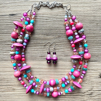 Mardi Gras Statement Necklace, chunky bib beaded jewelry dark pink wood necklace, beaded acrylic vintage turquoise blue glitter coral purple