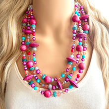 Load image into Gallery viewer, Mardi Gras Statement Necklace, chunky bib beaded jewelry dark pink wood necklace, beaded acrylic vintage turquoise blue glitter coral purple