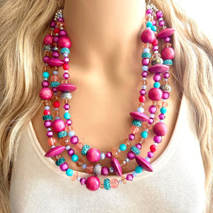 Mardi Gras Statement Necklace, chunky bib beaded jewelry dark pink wood necklace, beaded acrylic vintage turquoise blue glitter coral purple