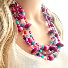 Load image into Gallery viewer, Mardi Gras Statement Necklace, chunky bib beaded jewelry dark pink wood necklace, beaded acrylic vintage turquoise blue glitter coral purple