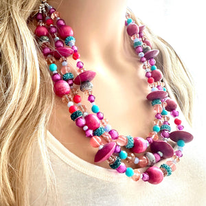 Mardi Gras Statement Necklace, chunky bib beaded jewelry dark pink wood necklace, beaded acrylic vintage turquoise blue glitter coral purple