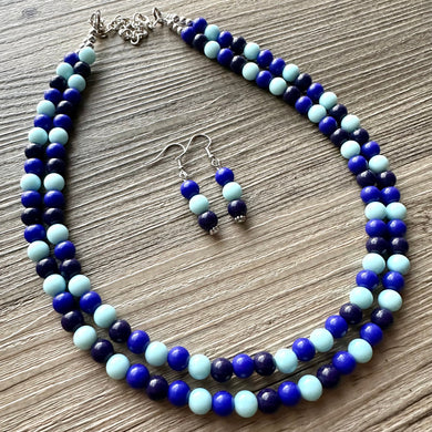 Ocean Floor Blue Necklace, double strand jewelry, ombre beaded chunky statement necklace, teal navy light blue necklace, bridesmaid wedding
