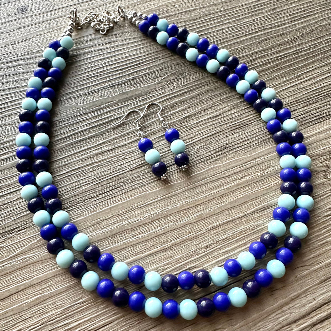 Ocean Floor Blue Necklace, double strand jewelry, ombre beaded chunky statement necklace, teal navy light blue necklace, bridesmaid wedding