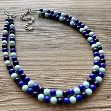 Load image into Gallery viewer, Ocean Floor Blue Necklace, double strand jewelry, ombre beaded chunky statement necklace, teal navy light blue necklace, bridesmaid wedding