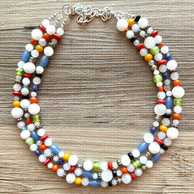 Vintage Rainbow Cloud Statement Necklace, rainbow glass striped extra Chunky Jewelry silver beads 3 strand colorful, art deco bib thick