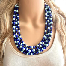 Load image into Gallery viewer, Ocean Floor Blue Necklace, 5 strand jewelry, ombre beaded chunky statement necklace, teal navy light blue necklace, bridesmaid wedding