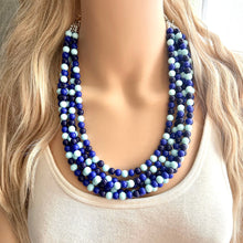 Load image into Gallery viewer, Ocean Floor Blue Necklace, 5 strand jewelry, ombre beaded chunky statement necklace, teal navy light blue necklace, bridesmaid wedding