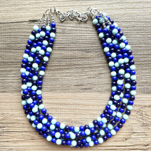 Load image into Gallery viewer, Ocean Floor Blue Necklace, 5 strand jewelry, ombre beaded chunky statement necklace, teal navy light blue necklace, bridesmaid wedding