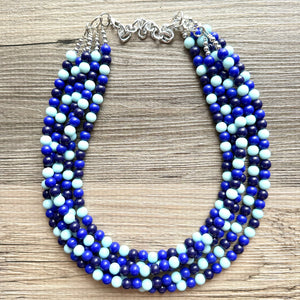 Ocean Floor Blue Necklace, 5 strand jewelry, ombre beaded chunky statement necklace, teal navy light blue necklace, bridesmaid wedding