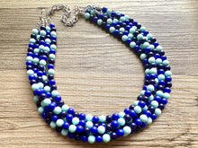 Load image into Gallery viewer, Ocean Floor Blue Necklace, 5 strand jewelry, ombre beaded chunky statement necklace, teal navy light blue necklace, bridesmaid wedding