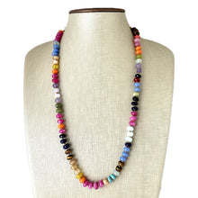 Load image into Gallery viewer, Polished Agate GemStone Necklace knotted gold statement necklace, long beaded layering jewelry, rainbow rondelle stone bead