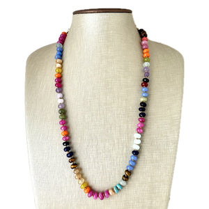 Polished Agate GemStone Necklace knotted gold statement necklace, long beaded layering jewelry, rainbow rondelle stone bead