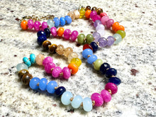 Load image into Gallery viewer, Polished Agate GemStone Necklace knotted gold statement necklace, long beaded layering jewelry, rainbow rondelle stone bead